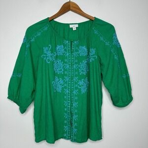 J Jill Peasant Button up Top Size S Green Floral Embroidered Linen Blend